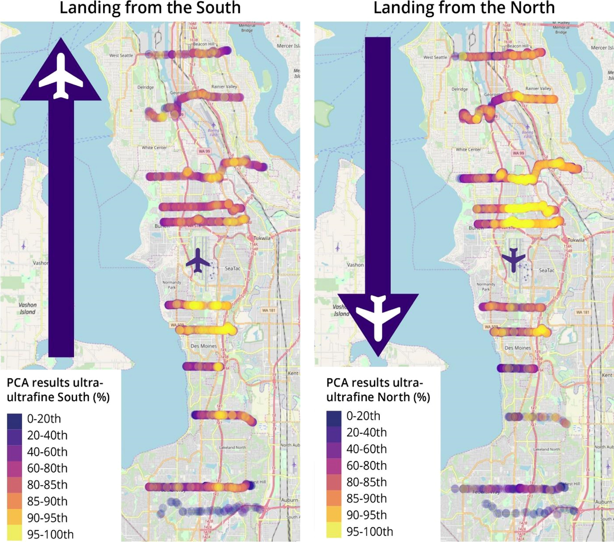 Two maps side-by-side with one showing planes landing from the south and one landing from the north