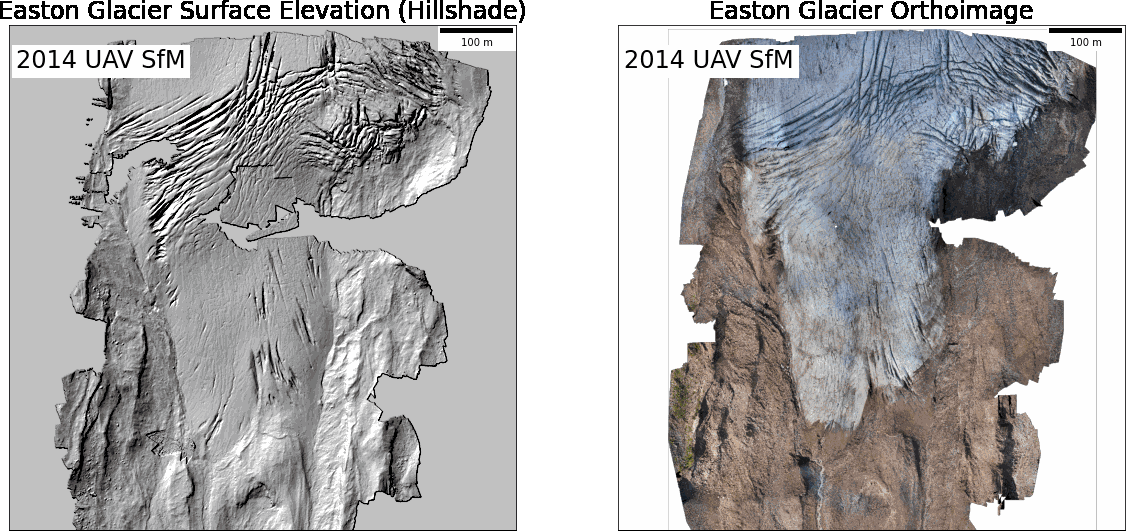 On the left is a shaded relief map, which shows the topography in detail. On the right is a color orthomosaic that depicts a geometrically accurate view of the landscape