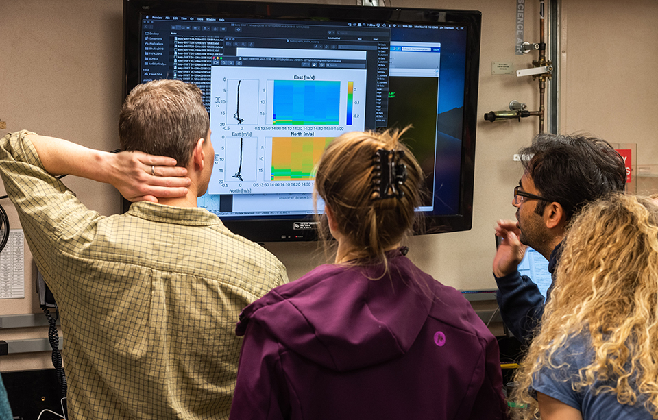 A group of four people looking at a TV monitor together