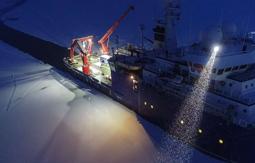 Sikuliaq breaking a path through sea ice