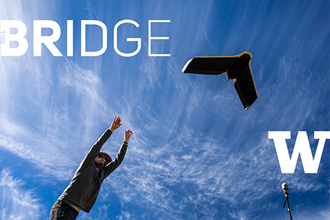 The cover page of the spring edition which shows professor David Sheen setting off a drone