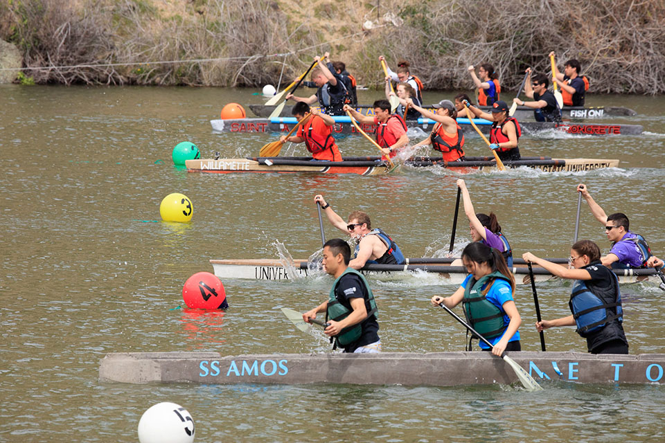 students competing in concrete canoes