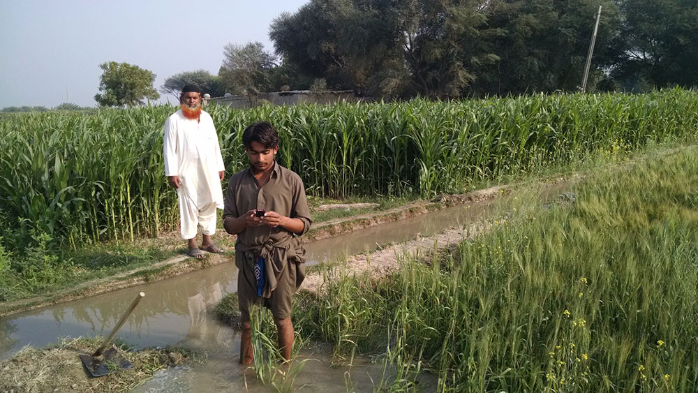 a Pakistani farmer standing in a farm field and looking down at this cell phone