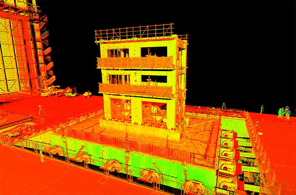 3d point cloud image showing the shake table in orange and yellow