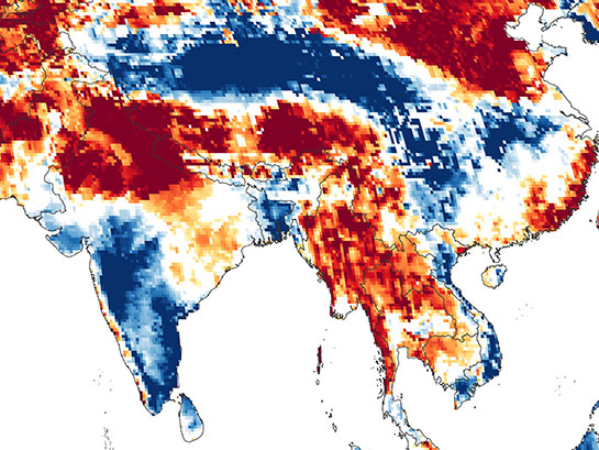 red and blue satellite image that shows south and east Asia