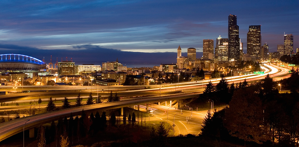 I-5 leading into Downtown Seattle at night