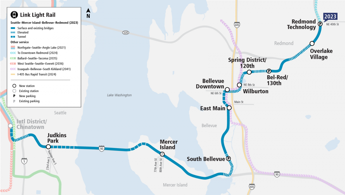 light rail map that shows the section between downtown Bellevue to the Spring District