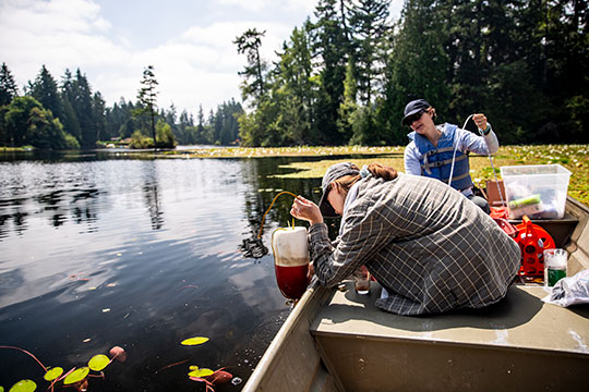 Two researchers conducting research on a lake
