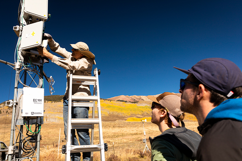 a group of people doing research outdoors