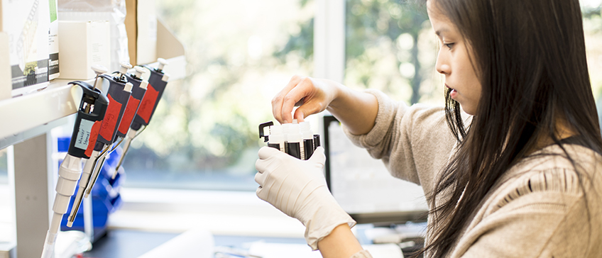 student examining samples