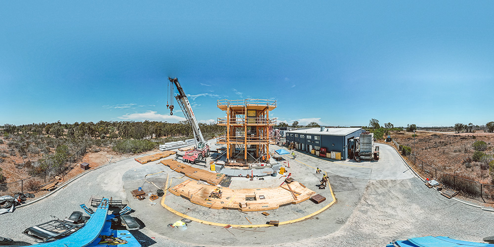 The construction site of a 10-story timber building