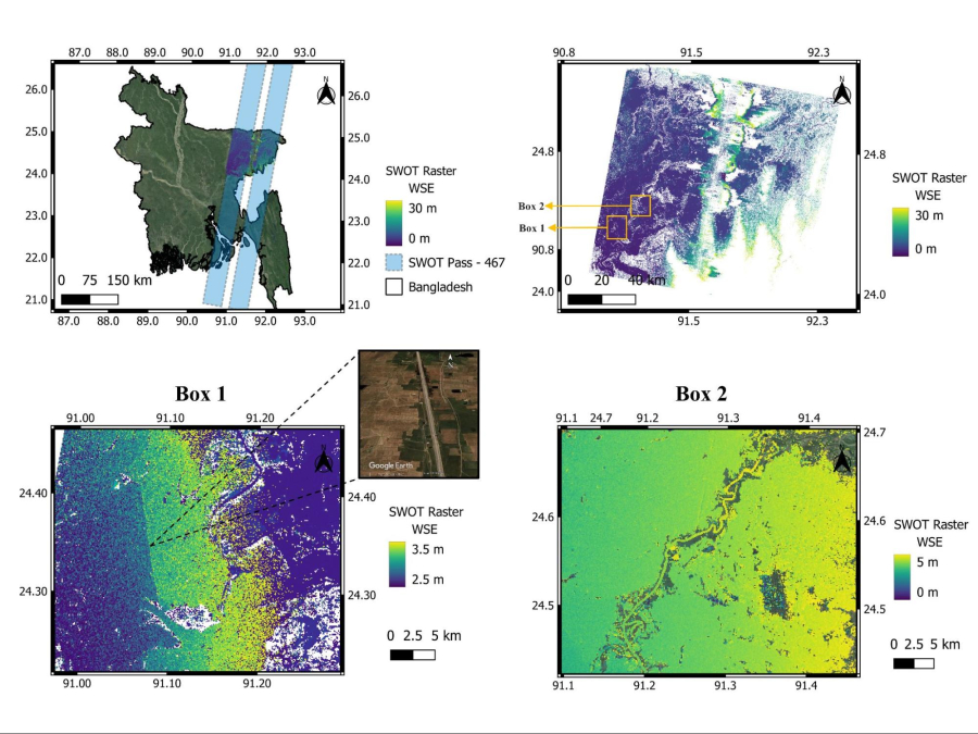 A series of maps showing the Surface Water and Ocean Topography (SWOT) satellite mission's water tracking over Bangladesh