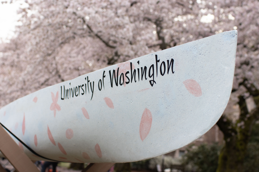 The front side of the Yoshino canoe, featuring University of Washington written in calligraphy on the boat.