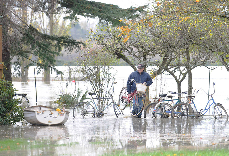 researcher walking through flooded area