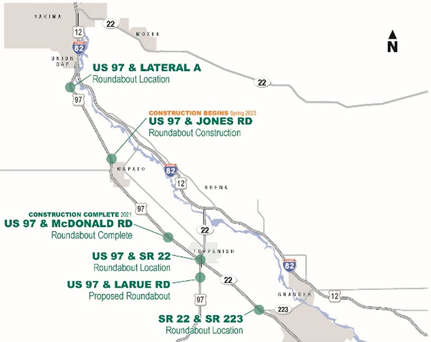 A map showing the location of six roundabouts that will be installed along the precarious highway corridor