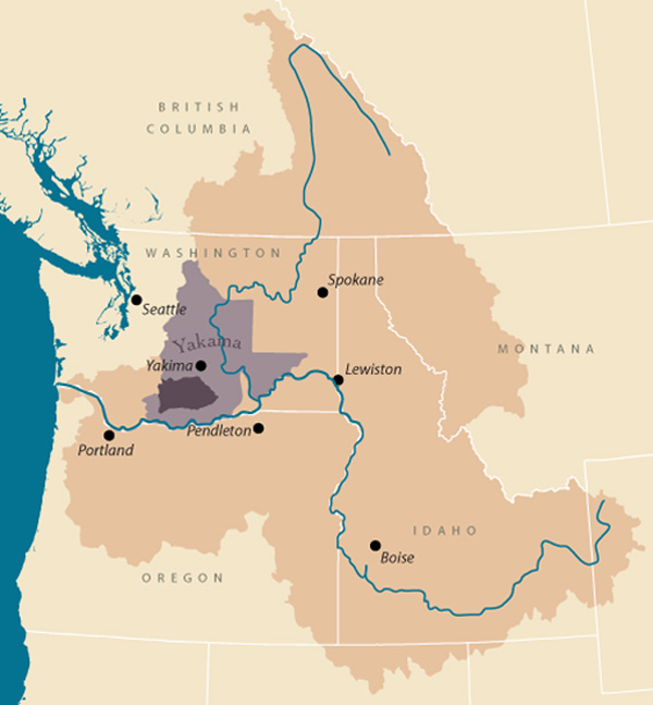 A map showing the location of Yakama Nation in dark purple