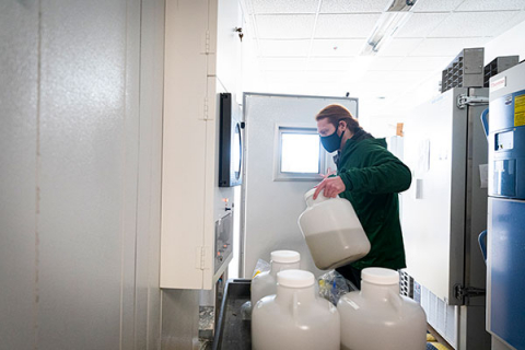 Researcher carrying jugs of wastewater sample for storing in a lab