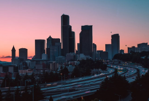 traffic on Interstate 5 through downtown Seattle at sunset 