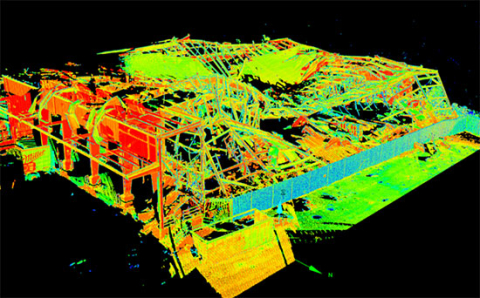 A high-resolution lidar generated false-color point cloud of a building damaged during Hurricane Michael.