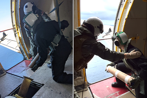 Collage of two people dropping a wave sensor from a plane