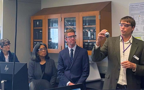 EPA Deputy Administrator Janet McCabe, Congresswoman Marilyn Strickland, and Congressman Derek Kilmer watching lab demonstration by Dr. Ed Kolodziej at UW Tacoma's Center for Urban Waters.