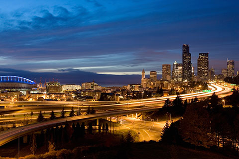 I-5 leading into Downtown Seattle at night