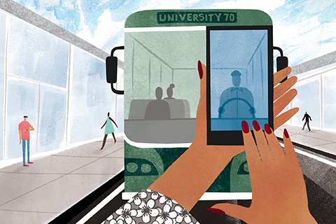 An illustration of a pair of hands holding a mobile phone in front of a bus
