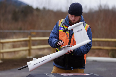 Andrew Lyda, operations engineer for the RAPID Facility, prepares to fly a drone around the Oso landslide area. 