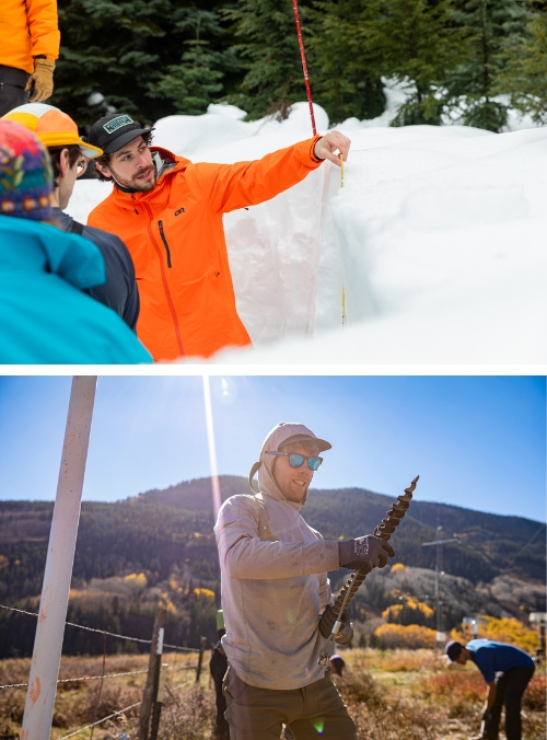 Top: graduate student Eli Schwat measuring layers inside a snow pit. Bottom: graduate student Danny Hogan in the field during initial instrument installation in fall 2022.