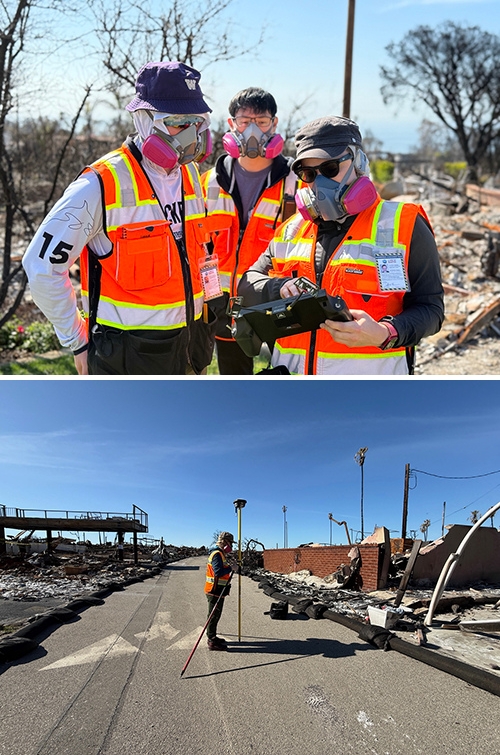 Top image shows three researchers in bright orange safety vests and respirators reviewing a tablet device while standing near burned trees and rubble. Bottom image shows a researcher in a safety vest standing in the middle of a street lined with wildfire debris, holding survey equipment to document damage.