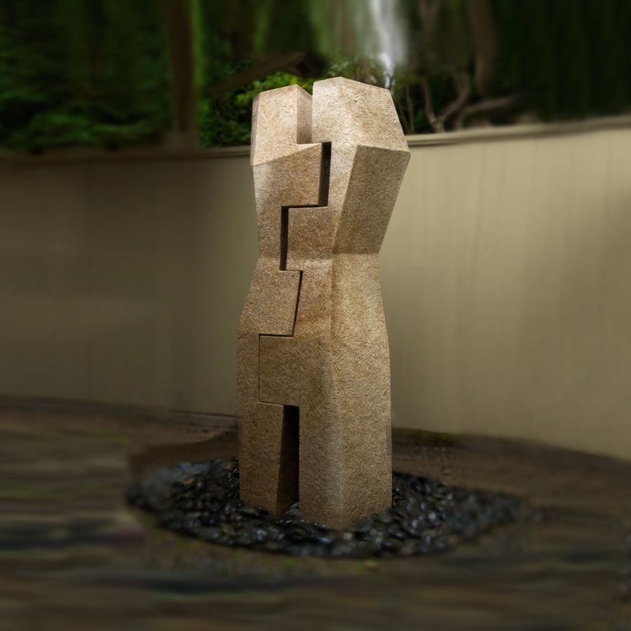 A tall abstract granite sculpture with interlocking geometric forms and a textured surface.