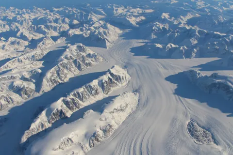 An overhead view of the Heimdal glacier in southeastern Greenland.