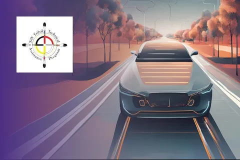 An automonous vehicle illustration next to a compass rose logo for the Northwestern Tribal Technical Assistance Program