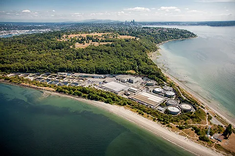 An aerial view of Seattle's West Point Treatment Plant