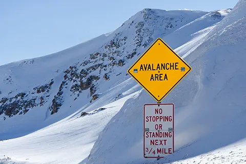 Snowy mountains with two signs in foreground. A yellow sign reads "AVALANCHE AREA"; a red and white sign reads "NO STOPPING OR STANDING NEXT 3/4 MILE".