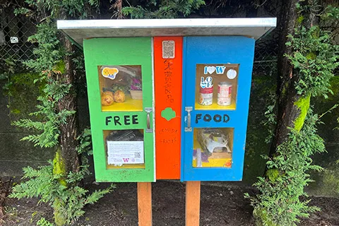A colorful outdoor pantry with small windows showing various foods within.