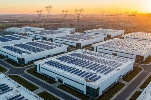 An aerial view of six large buildings with power transfer poles in the background.