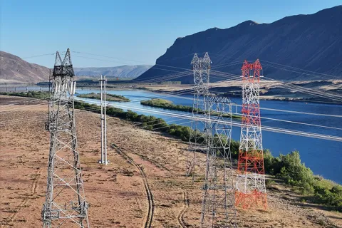 Transmission towers along the Columbia River at the Wanapum Dam. 